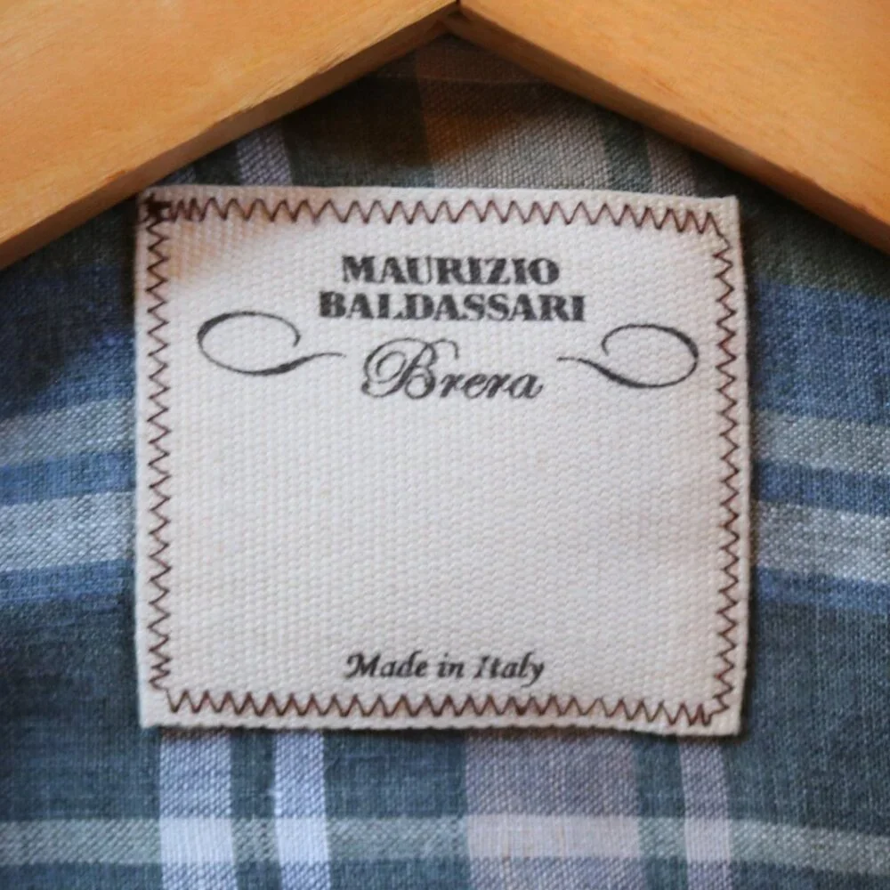 Maurizio Baldassari Brera Shirt Men's L Plaid 100% Linen Button-Down Azure Gray - Picture 4 of 8